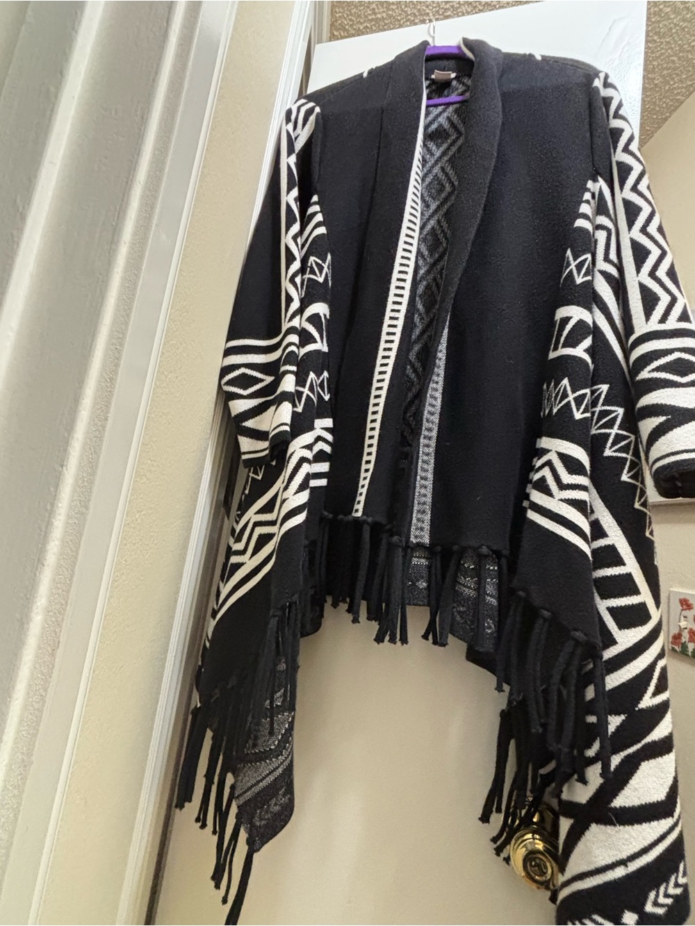 Chico's Black and White Geometric Fringe Cardigan